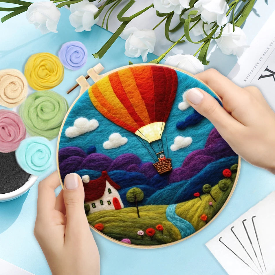 DIY Wool Felting Painting Kit With Frame -Hot Air Balloon