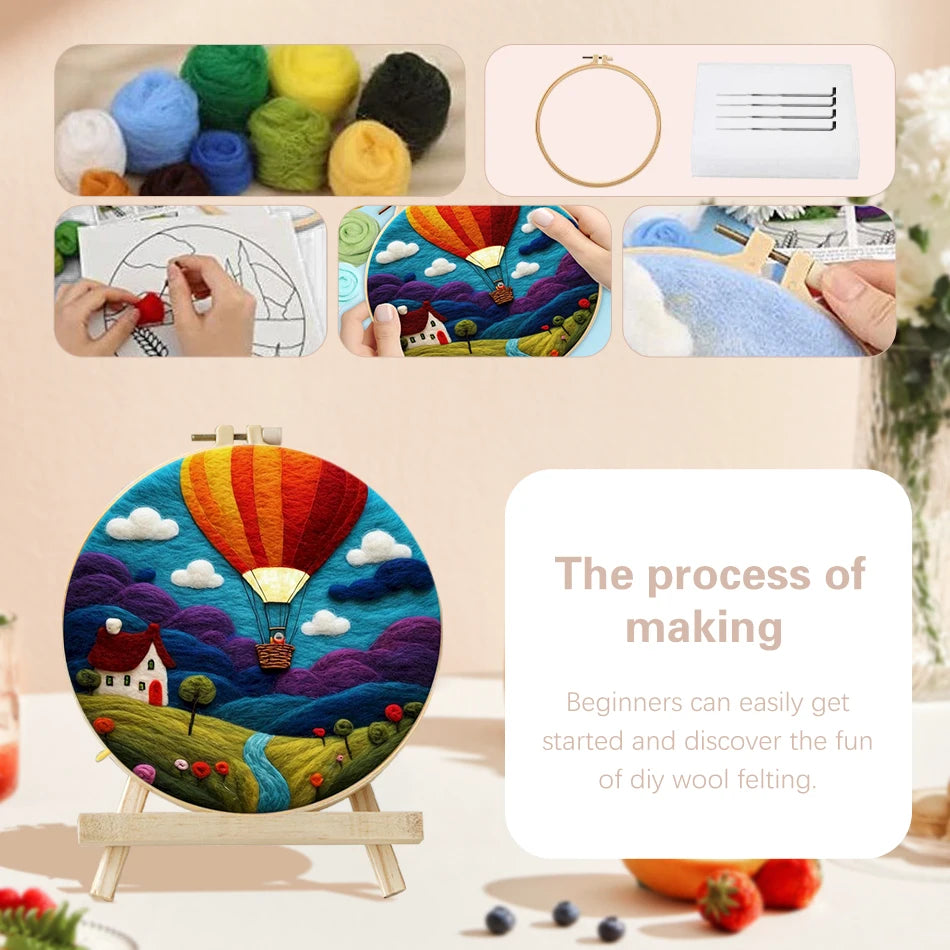 DIY Wool Felting Painting Kit With Frame -Hot Air Balloon