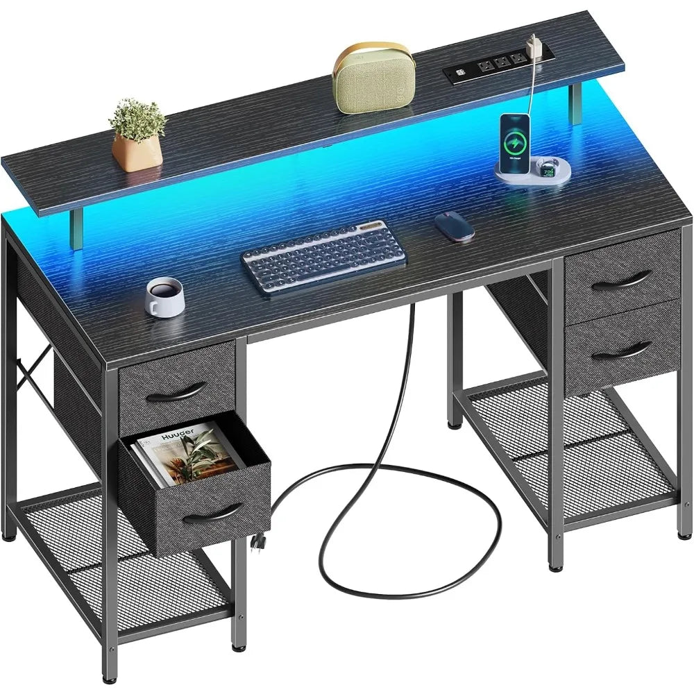 Gaming Desk with LED Lights & Power Outlets