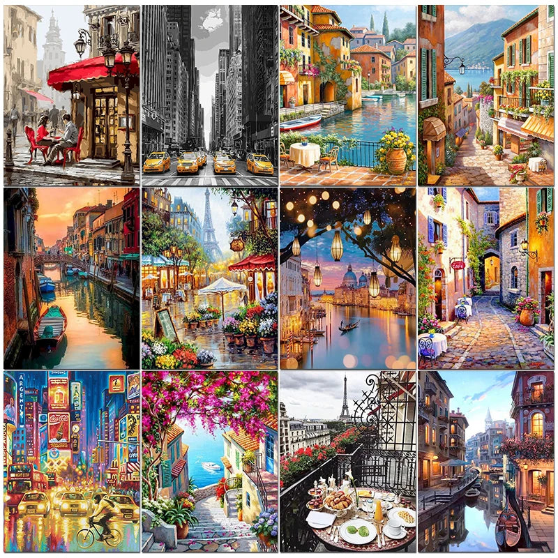 City Painting By Numbers DIY Kits -Framed Oil Canvas