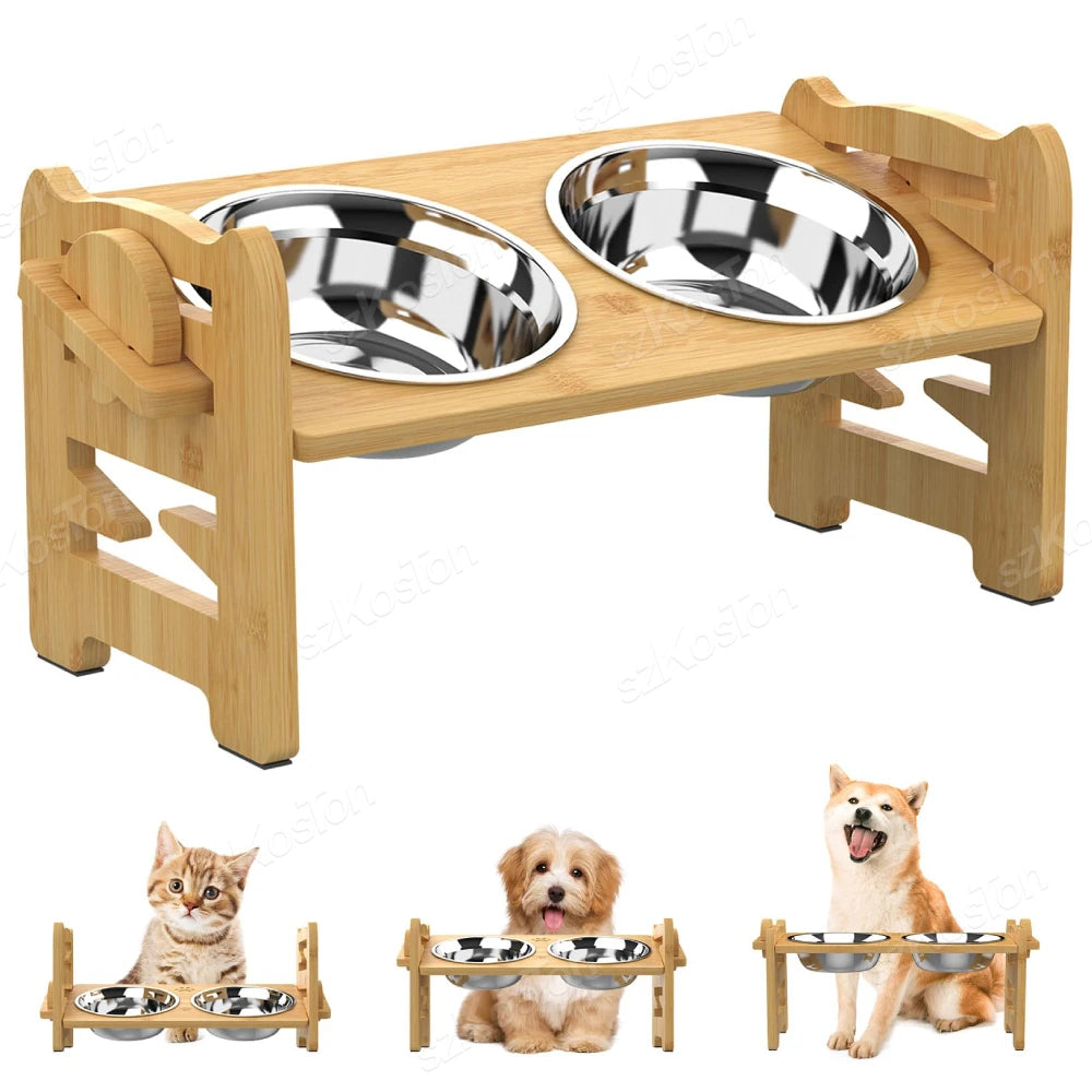 Elevated Bamboo Dog Bowls with Adjustable Tilt
