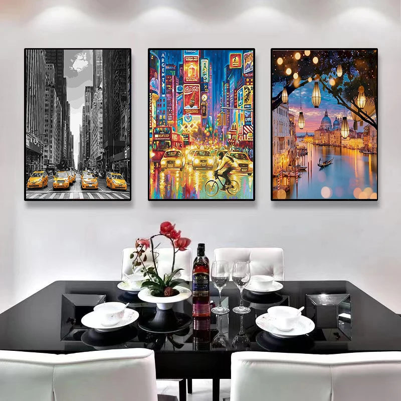 City Painting By Numbers DIY Kits -Framed Oil Canvas