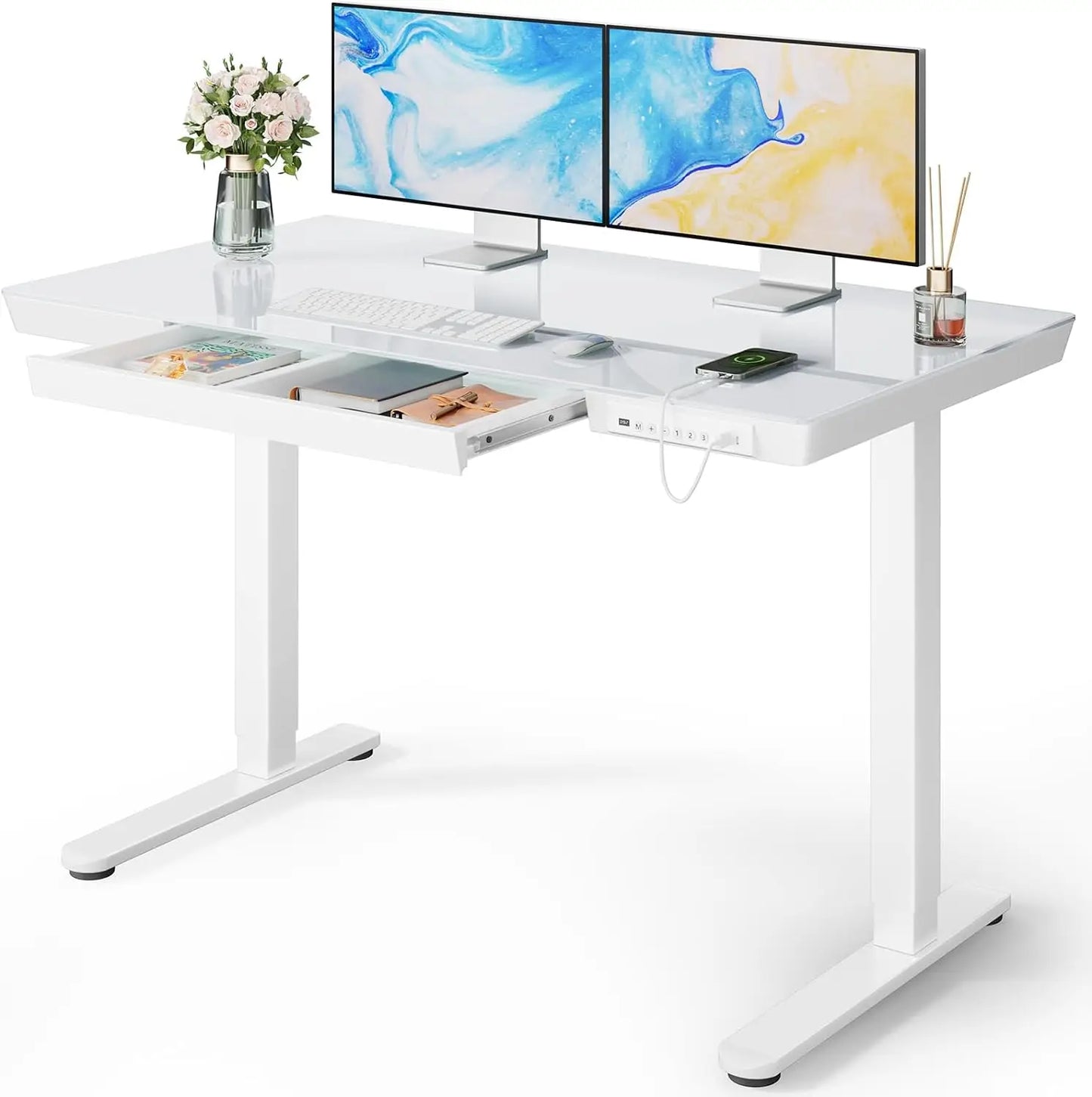 Glass Standing Desk with Drawer