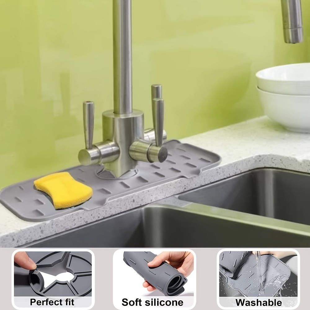 1pc Kitchen Faucet Sink Splash Guard; Silicone Faucet Water Catcher Mat; Sink Draining Pad Behind Faucet; Grey Rubber Drying Mat For Kitchen & Bathroom Countertop Protect