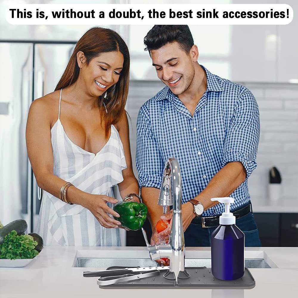 1pc Kitchen Faucet Sink Splash Guard; Silicone Faucet Water Catcher Mat; Sink Draining Pad Behind Faucet; Grey Rubber Drying Mat For Kitchen & Bathroom Countertop Protect