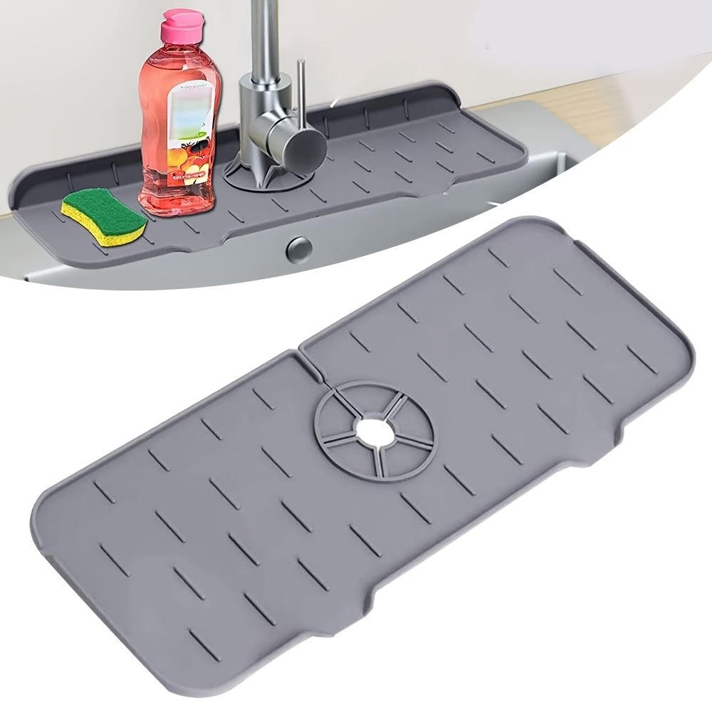 1pc Kitchen Faucet Sink Splash Guard; Silicone Faucet Water Catcher Mat; Sink Draining Pad Behind Faucet; Grey Rubber Drying Mat For Kitchen & Bathroom Countertop Protect