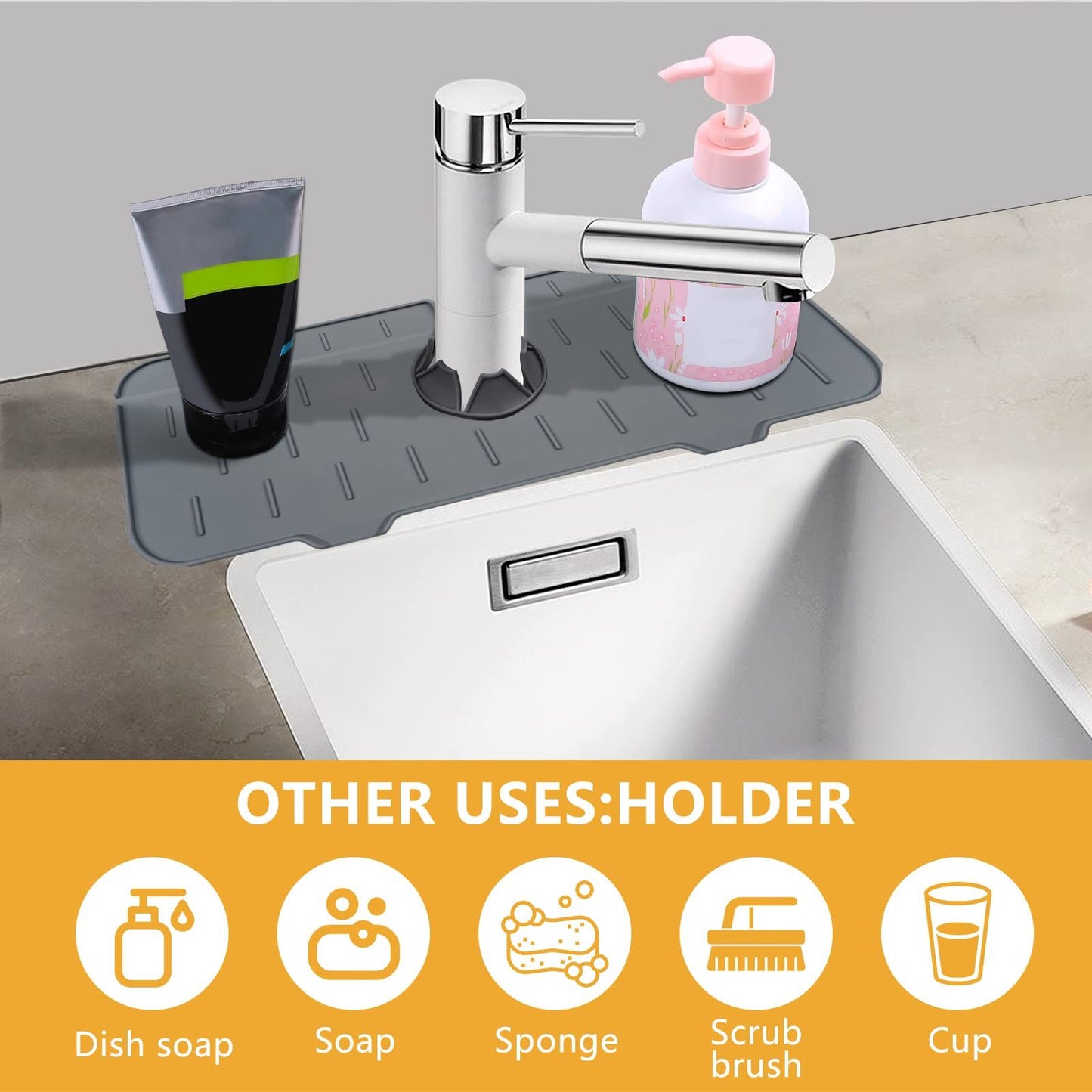 1pc Kitchen Faucet Sink Splash Guard; Silicone Faucet Water Catcher Mat; Sink Draining Pad Behind Faucet; Grey Rubber Drying Mat For Kitchen & Bathroom Countertop Protect