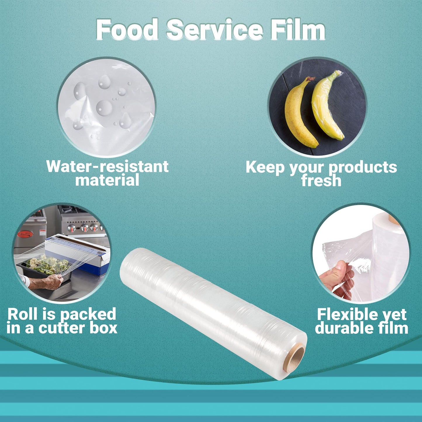 4 Rolls Food Service Film 24" x 2000' with Cutter Box. PVC Food Wrap Film. Food Service Grade Film for Bakery, Deli, Restaurant, Kitchen. Commercial Grade Film Wrap. Cutter Dispenser.