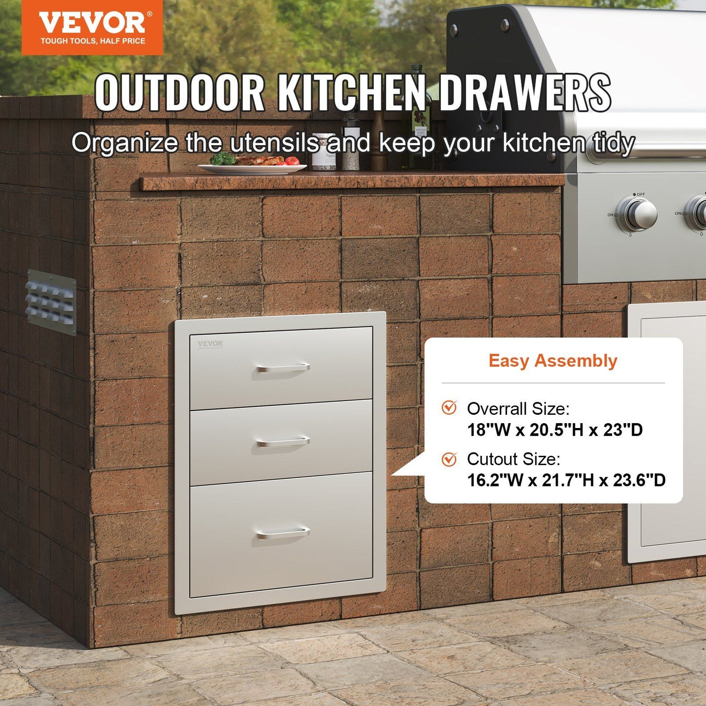 3-Tier Stainless Steel Outdoor Kitchen Drawer