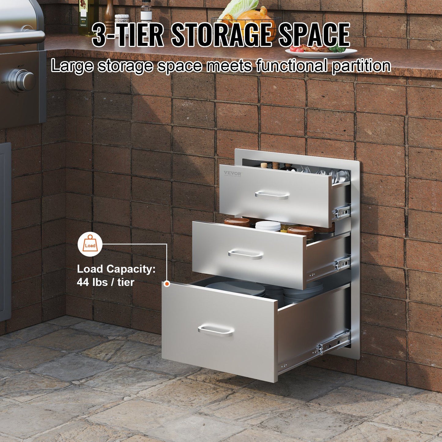 3-Tier Stainless Steel Outdoor Kitchen Drawer