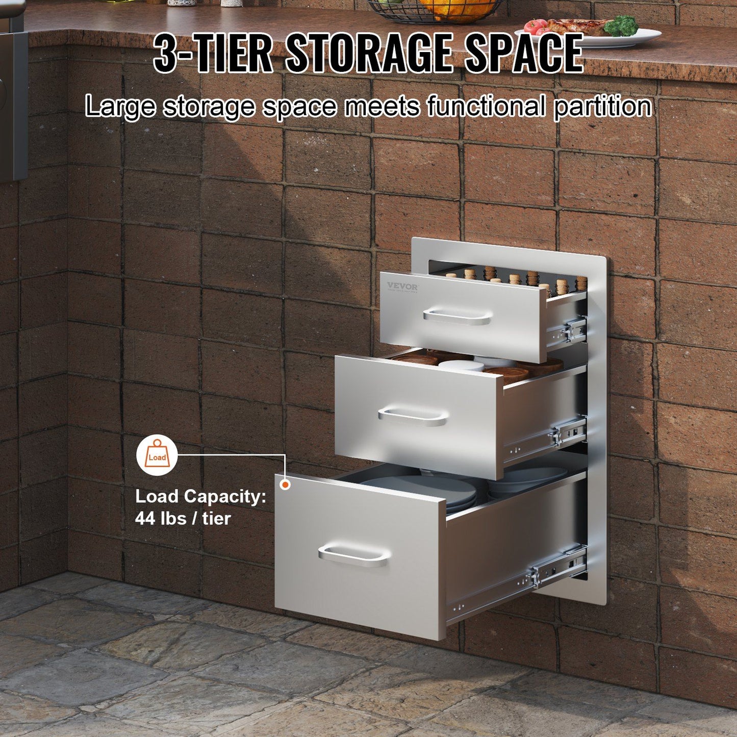 3-Tier Outdoor Kitchen Drawer – Stainless Steel