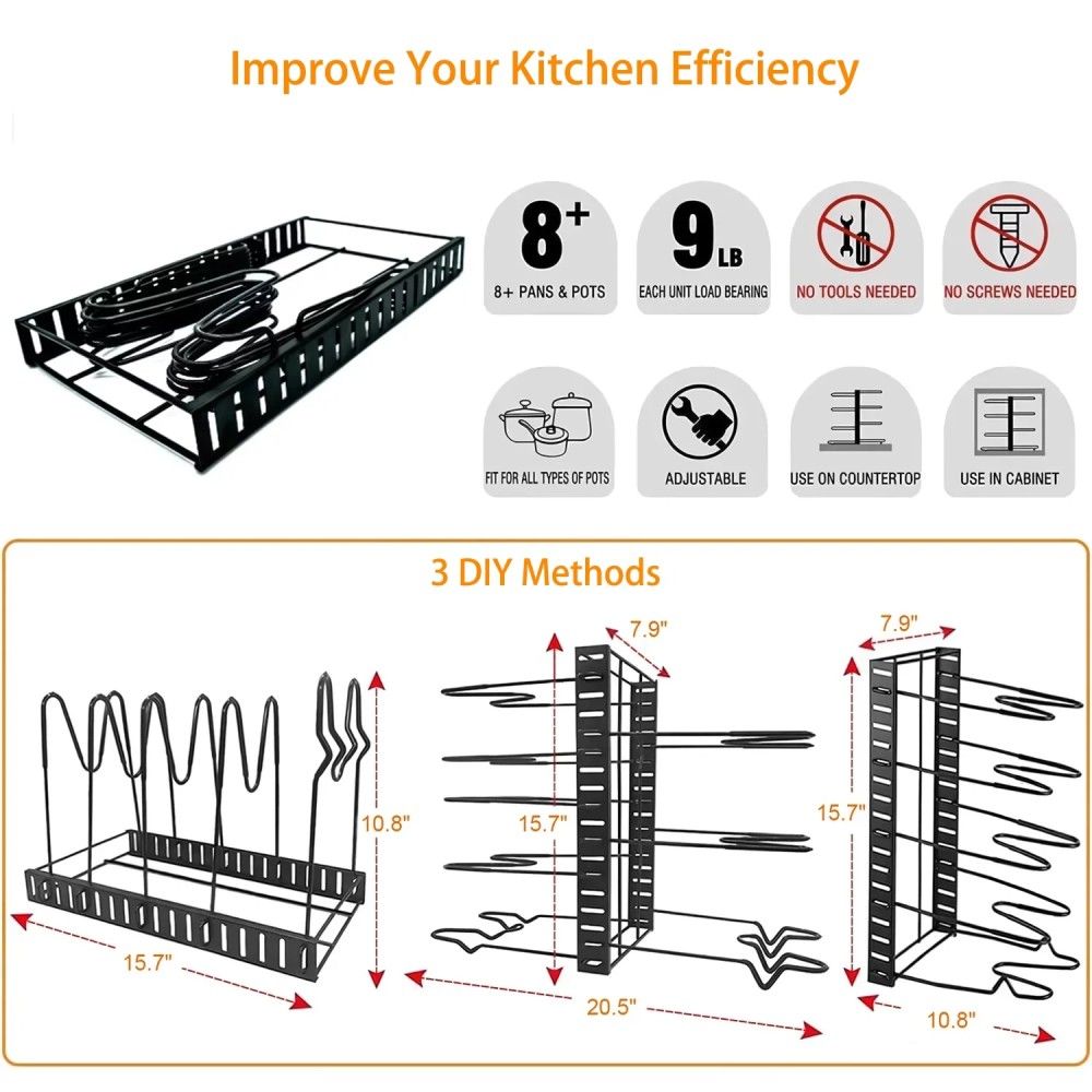 2 Pack Adjustable Pots and Pans Organizer, 8-Tier Kitchen Storage Rack