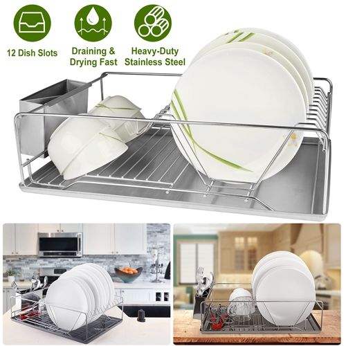 Premium Stainless Steel Dish Rack with Cutlery Holder and Drain Board