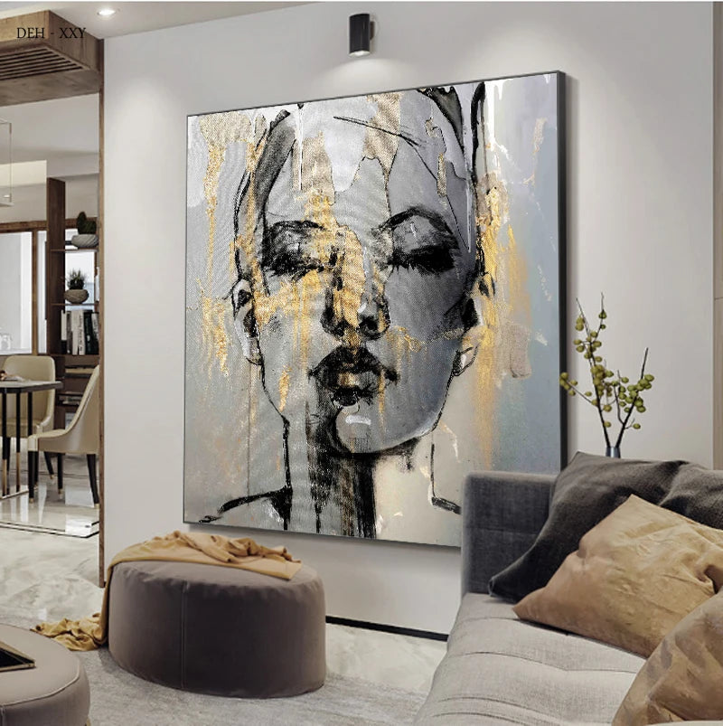 Abstract Golden Black Woman Face Canvas