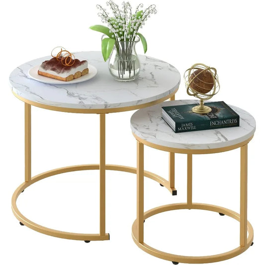 Golden Frame Coffee Table Nesting White Set