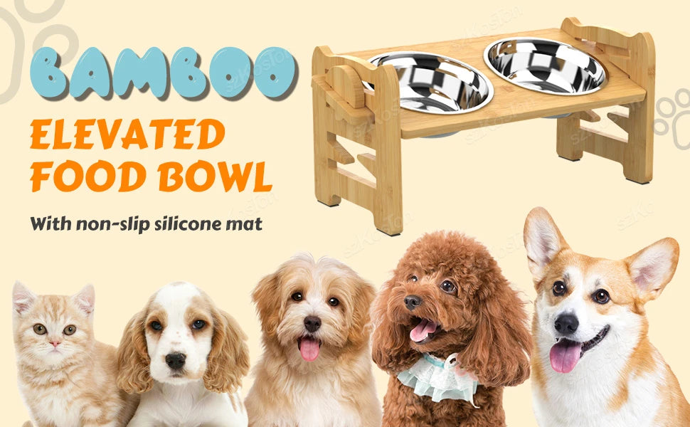 Elevated Bamboo Dog Bowls with Adjustable Tilt