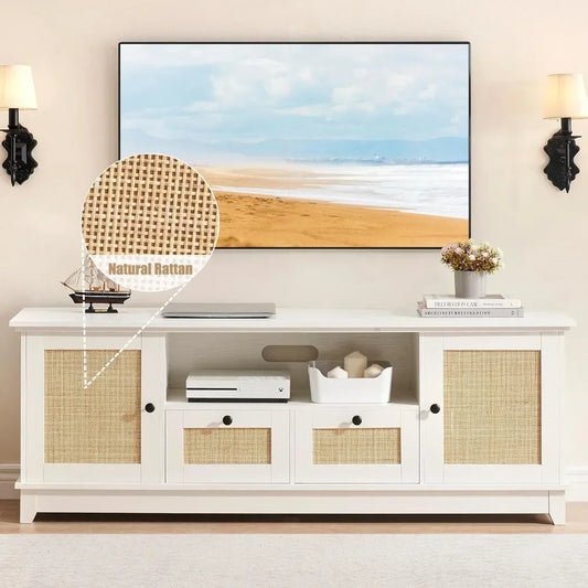 TV Cabinet Rattan Entertainment Center, White